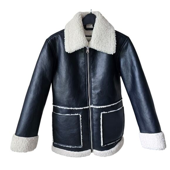Abercrombie & Fitch Black Jacket Vegan Leather Shearling Lined Coat Womens XS - Picture 1 of 8